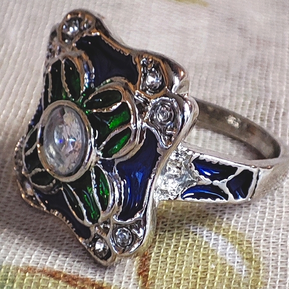 Enameled Navy Blue Green Clear Rhinestones Silver Rhodium Plated Size 8 Ring NEW - Picture 4 of 8